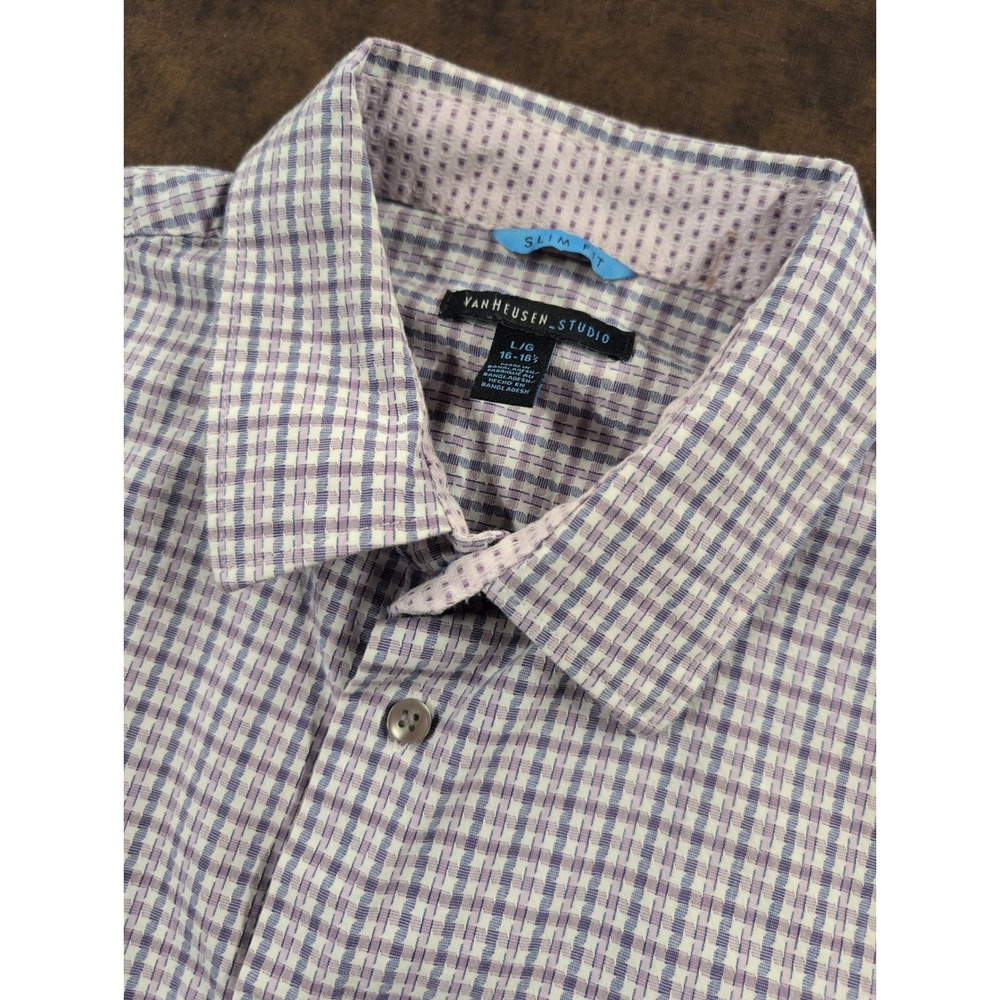 Van Heusen Studio Mens Slim Fit Button Down Shirt Purple White Check Large 16‎